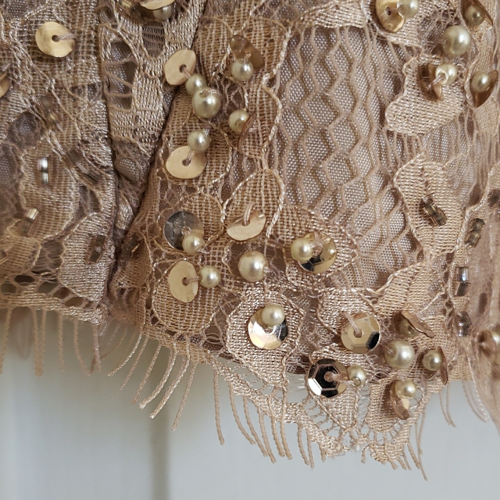 Vintage Silk Beaded Lace Trumpet Skirt Champagne Midi M L - Picture 6 of 11